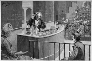 Michel Eugène (Michel-Eugène) Chevreul (1786-1889) donnant son cours de chimie dans l