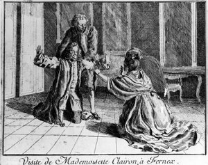 Mademoiselle Clairon (Josèphe Léris de La Tude dite Mademoiselle Clairon) (1723-1803), actrice française, visitant Ferney chez Voltaire. Gravure du 18ème siècle. - French School