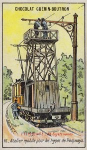 Plateforme mobile pour la réparation des lignes électriques aériennes sur les tramways (chromolithographie) - French School