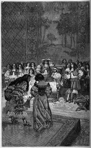 Molière et sa troupe jouant devant le roi Louis XIV et le cardinal Jules Mazarin (Giulio Raimondo Mazzarino ou Mazarino) (1602-1661). Gravure dans « Le Monde Illustré » 1886. - French School