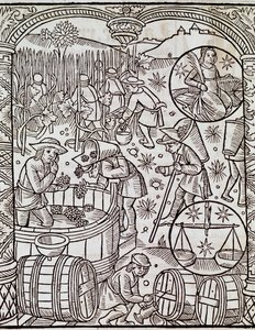 Mois de la récolte, avec signes du zodiaque Vierge et Balance, gravure du Grand calendrier des bergers, France