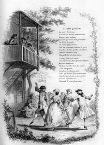 Mère Bontems (Bontemps). Danse de jeunes couples dans un village avec des musiciens sur le balcon. Gravure dans « Chants et chansons populaires de la France », Tome 2 - French School