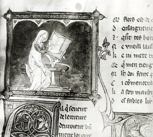 Ms.3142 fol.256 Marie de France (fl. XIIe siècle) écrivant, d