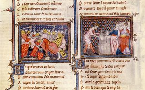 Ms 1044 fol.20 Jupiter contre Saturne : Saturne enseignant aux Lombards comment utiliser une faucille, d
