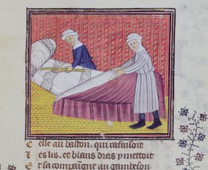 Ms 1130 fol.83r Chasteté et Pauvreté faisant un lit, du Roman des Trois Pèlerinages par Guillaume de Digulleville - French School