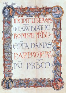Ms 154 fol.3 Page de texte avec une bordure fleurie, des lettres de Saint Jérôme - French School