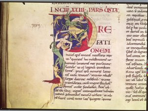 Initiale historiée P représentant des centaures, des dragons et des monstres, du Moralia in Job par le pape Grégoire le Grand - French School