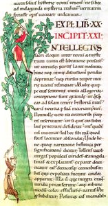 Initiale historiée I représentant un moine et un laïc coupant et taillant un arbre, de Moralia in Job par le Pape Grégoire le Grand