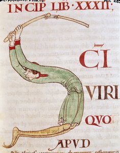 Ms 173 fol.148r Initiale historiée S représentant un homme battant le grain, de Moralia in Job par le Pape Grégoire le Grand - French School
