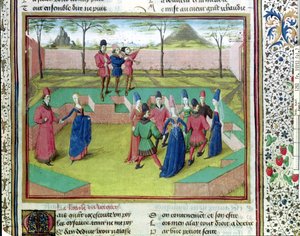 Ms 19153 f.7 Une Carole dans le verger, illustration de Le Roman de la Rose par Jean de Meung, c.1460 - French School