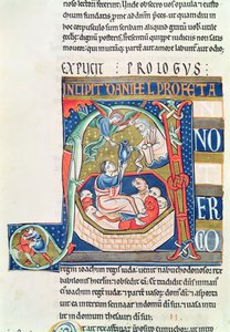 Ms 1 fol.185v Initiale historiée A représentant Daniel dans la fosse aux lions, de la Bible de Souvigny - French School