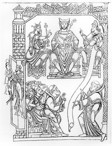 Cartulaire du Mont Saint-Michel : le duc Richard II de Normandie faisant don de terres et de privilèges au monastère du Mont Saint-Michel - French School