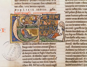 Ms 21 Fol.163v Initiale historiée E représentant Jonas jeté à la mer, d