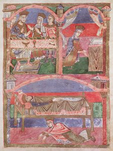 Ms 250 f.24r Sainte Radegonde à la table de Clotaire Ier, dans son oratoire et aux pieds du lit royal, de la Vie de Sainte Radegonde - French School