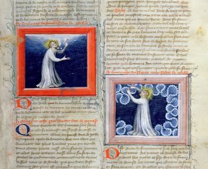 Ms 313 Dieu séparant la lumière des ténèbres (à gauche) et créant le firmament (à droite), de la Bible des Grands Augustins, 1494