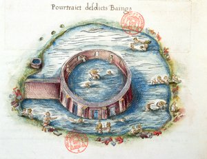 Les Bains de Bourbon-Lancy, illustration de Generale Description du Bourbonnais par Nicolas de Nicolay, 1569