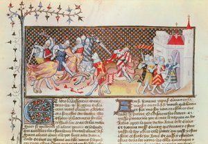 Ms 3479 t.1 fol.558 Scène de chevaliers combattant, du Livre de Messire Lancelot du Lac - French School