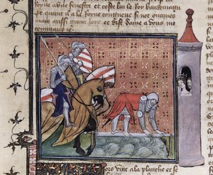Ms 3480 fol.77 Lancelot traversant le Pont de l