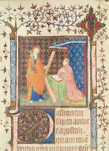 Ms 35 fol.17v Jean de France (1340-1416) Duc de Berry priant devant Saint André, du Lectionnaire de la Sainte-Chapelle de Bourges, vers 1404-10 - French School