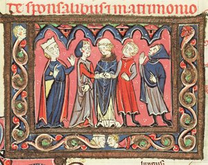 Ms 364 fol.166 Un mariage, illustration des commentaires de Johannes Andreae sur les Décrétales papales - French School