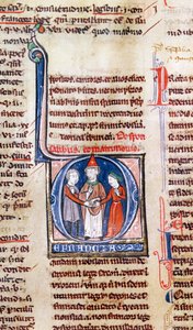 Ms 365 fol.318v Initiale historiée D représentant un mariage, des Décrétales de Grégoire IX - French School