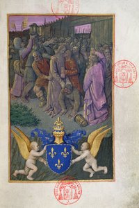 Ms 473 Judas embrassant le Christ, miniature des Heures de Charles de France, vers 1466-69