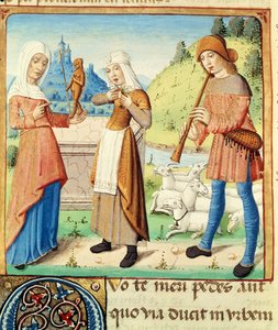 Ms 493 fol.15v Le berger Menalcas et son amour non partagé, des Bucoliques de Virgile avec un commentaire de Servius, 1469 - French School