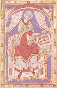 Ms 501 fol.5v Baudemond écrivant, de Vie et Miracles de Saint Amand - French School