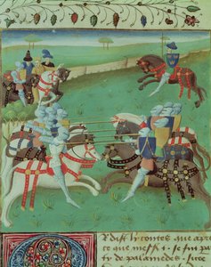 Ms 527 f.5v Enseigner aux chevaliers à jouter, du Roman du Saint Graal - French School