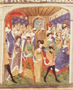 Ms 527 fol.1r Bal de cour, du Roman du Saint Graal - French School