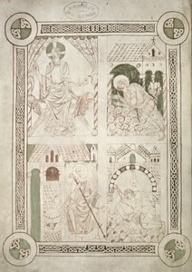 Ms 616 f.1v Saint Augustin aux pieds du Christ et le scribe Alardus offrant son livre à Saint Vaast, frontispice des Confessions de Saint Augustin - French School