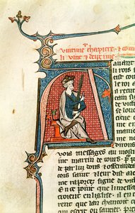 Ms 682 fol.17v Initiale historiée A représentant un roi assis tenant une épée à double tranchant - French School