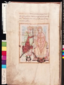 Dagobert I (609-39), roi des Francs investissant Saint Audomarus Omer (d.c.669) évêque de Thérouanne, comme évêque missionnaire dans le Pas-de-Calais en 637, de la Vie de Saint Omer - French School