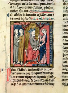 Ms 782 f.152r Charlemagne (742-814) envoyant Ganelon aux rois saragossans, Marsile et Baligant, des Chroniques de Saint-Denis, c.1275 - French School