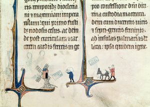Ms 838 fol.55 Un homme conduisant son âne portant des sacs de blé à un moulin à vent, de l