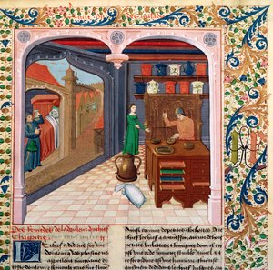Ms Fr 218 fol.111 Un patient dans son lit et un apothicaire préparant des médicaments, du Livre des Propriétés des Choses par Barthélemy l