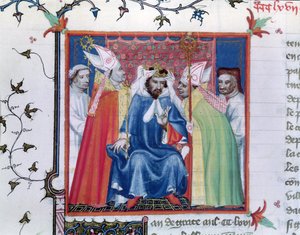 Ms. Fr. 2608 fol.335v Couronnement de Philippe III (1245-85), des Grandes Chroniques de France, vers 1400 - French School