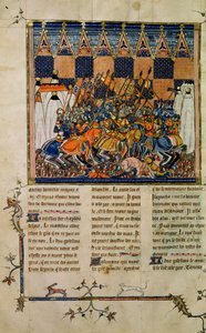 Ms Fr. 352 fol. 49v Scène de bataille, de la biographie de Godefroi de Bouillon, Une Histoire des Saints de l