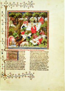 Chasseurs festoyant avant la chasse au cerf, du Livre de la Chasse par Gaston Phébus de Foix (1331-1391) - French School