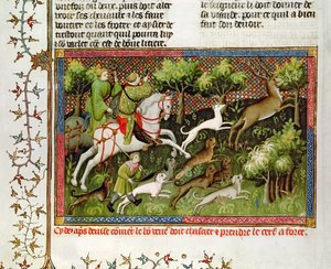 Ms Fr 616 fol.77 Chasse au cerf, du Livre de la Chasse par Gaston Phébus de Foix (1331-91)