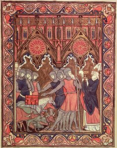 Abraham présente ses prisonniers et son butin à Melchisédech, du Psautier de Saint Louis, vers 1258-70 - French School