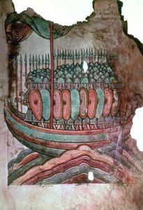 Ms Lat 1390 fol.7 Soldats normands traversant la Manche, de La Vie de Saint Aubin d