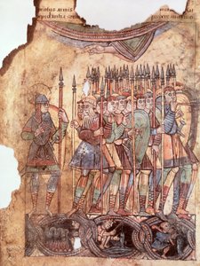 Ms Lat 1390 fol.7v Soldats à pied dans les croisades, de La Vie de Saint Aubin d