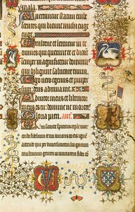 Ms Lat 919 fol.96 Détail des armoiries et décoration animale, de Saint Pierre conduisant Jean de France (1340-1416) Duc de Berry au Paradis, des Grandes Heures du Duc de Berry - French School