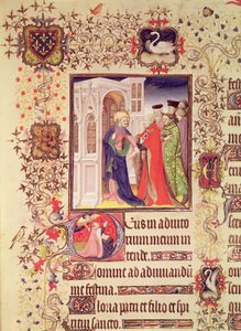 Ms Lat 919 fol.96 Jean de France, Duc de Berry conduit par Saint Pierre aux Portes du Ciel avec une initiale historiée `D de Saint Pierre et Jean de Berry en prière, des Grandes Heures du Duc de Berry