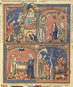 Ms M 638 fol.14r Abimélech et Samson, de la Bible de Morgan, vers 1244-54 - French School