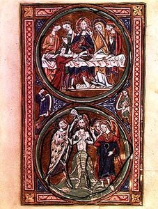 Ms n/a Lat 1392 Fol.3 Le festin de noces à Cana et le baptême du Christ, détail du 