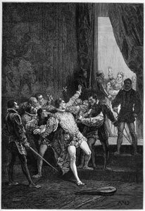 Assassinat de David Rizzio (Davide) en présence de Marie Stuart (Marie Ière) (1542-1587) - gravure dans "L