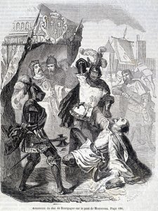 Assassinat du duc de Bourgogne (Jean sans Peur) sur le pont de Montereau en 1419 - dans « Histoire de France » par L.-P. Anquetil - French School