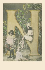 Une fille tenant un violon, une autre portant des fleurs, un bébé assis - French School